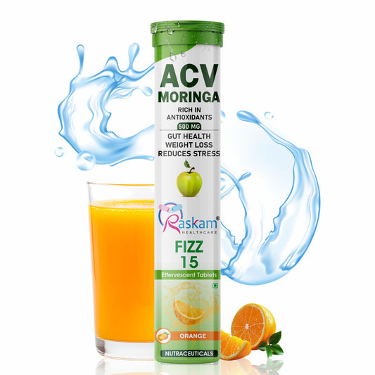 Raskam Apple Cider Vinegar (ACV) Moringa | Master Your Appetite & Boost Immunity | Natural Energy with Antioxidants | No Added Sugar | Orange Flavor | 15 Fizz Tablets (500mg)