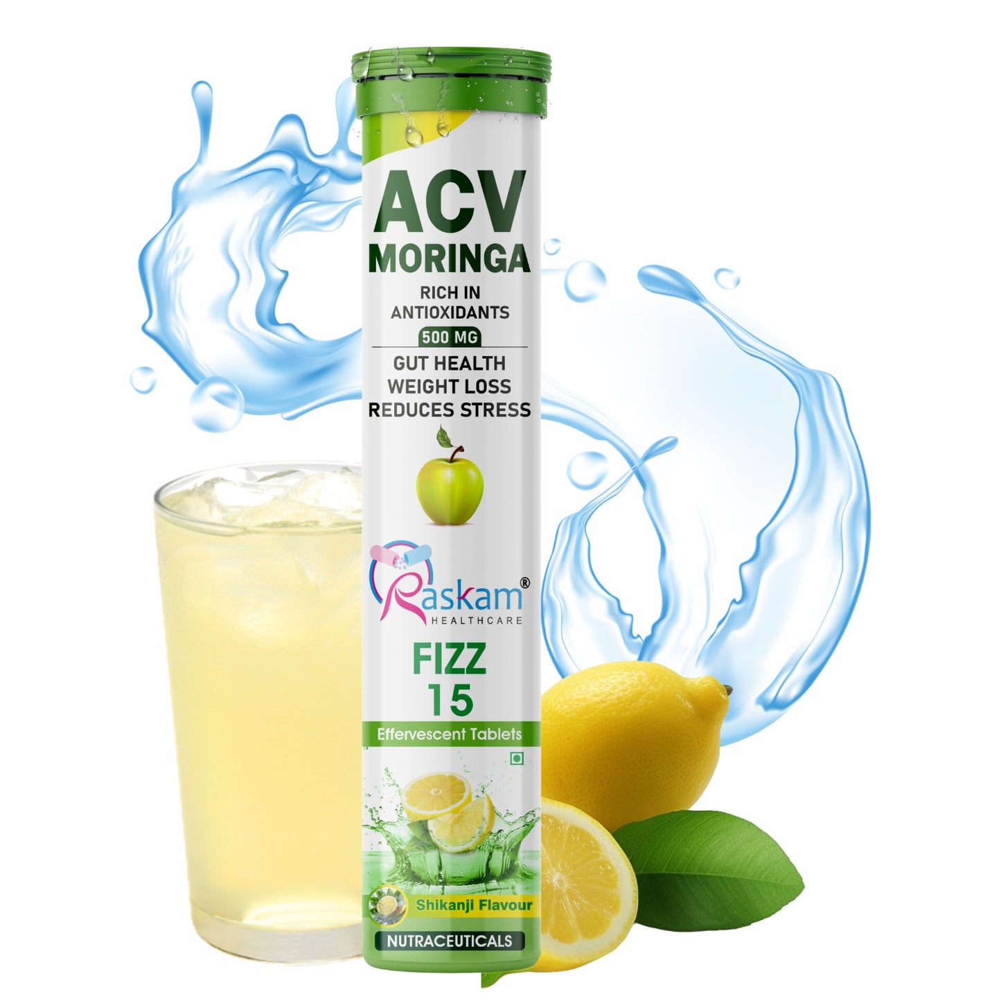 Raskam Apple Cider Vinegar (ACV) Moringa | Master Your Appetite & Boost Immunity | Natural Energy with Antioxidants | No Added Sugar | Shikanji Flavor | 15 Fizz Tablets (500mg)