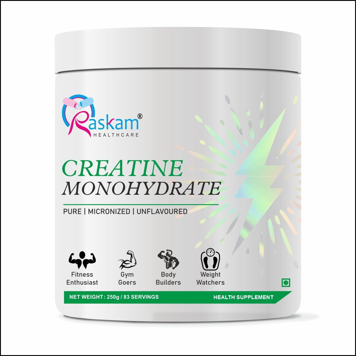 Raskam Creatine Monohydrate powder for Muscle Building & Performance - 83 Servings (Unflavoured, 250gm)