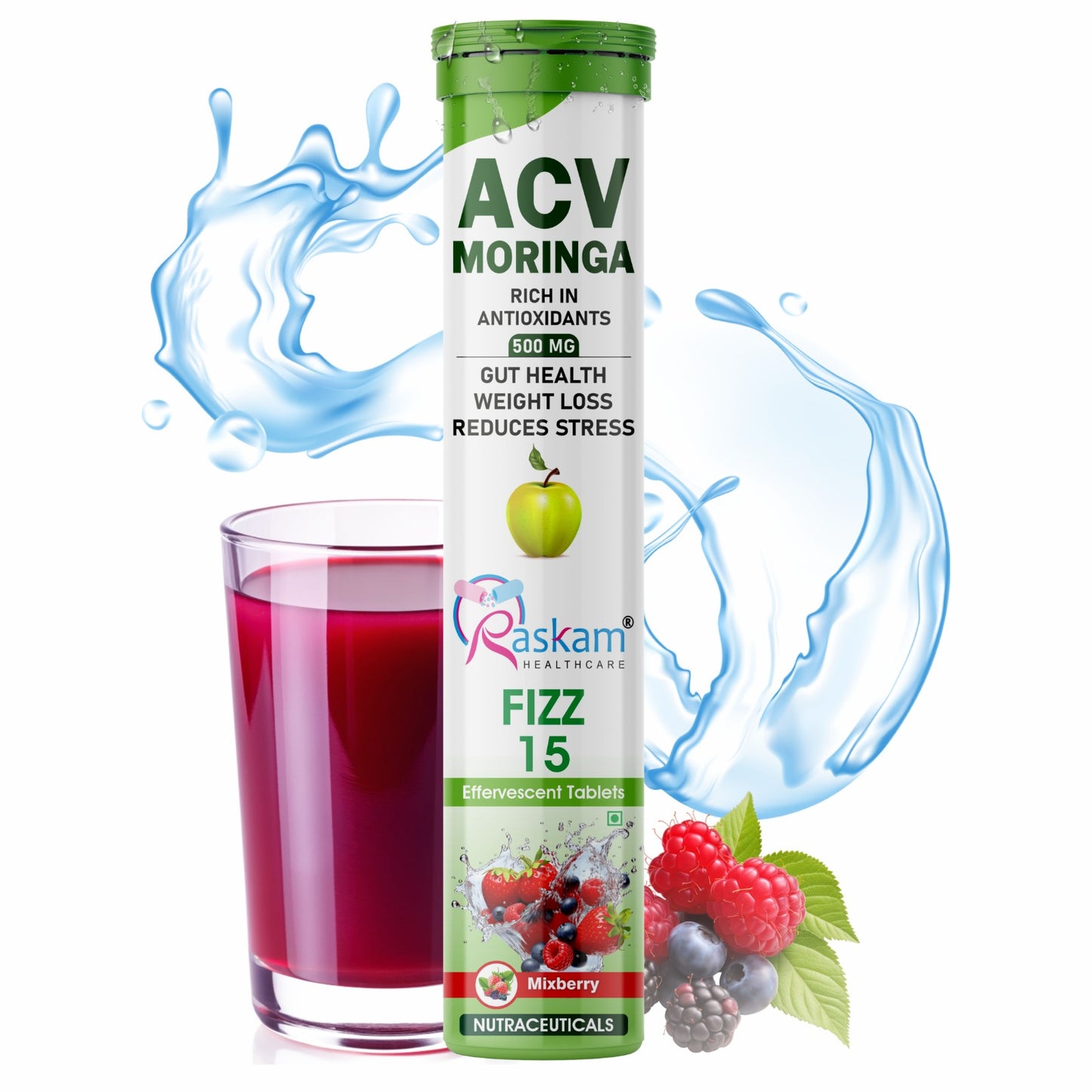 Raskam Apple Cider Vinegar (ACV) Moringa | Master Your Appetite & Boost Immunity | Natural Energy with Antioxidants | No Added Sugar | Mixberry Flavor | 15 Fizz Tablets (500mg)