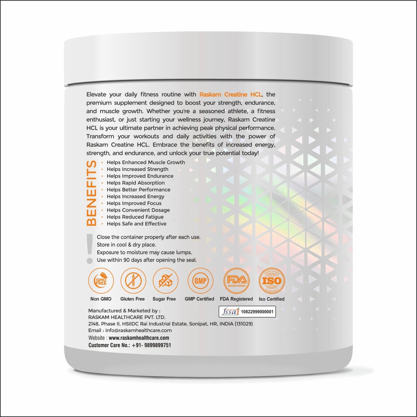 Raskam Pure Creatine HCL Powder (Unflavoured, 166 Sevings) | Rapid Absorption | Enhanced Muscle Strength & Power-500gm