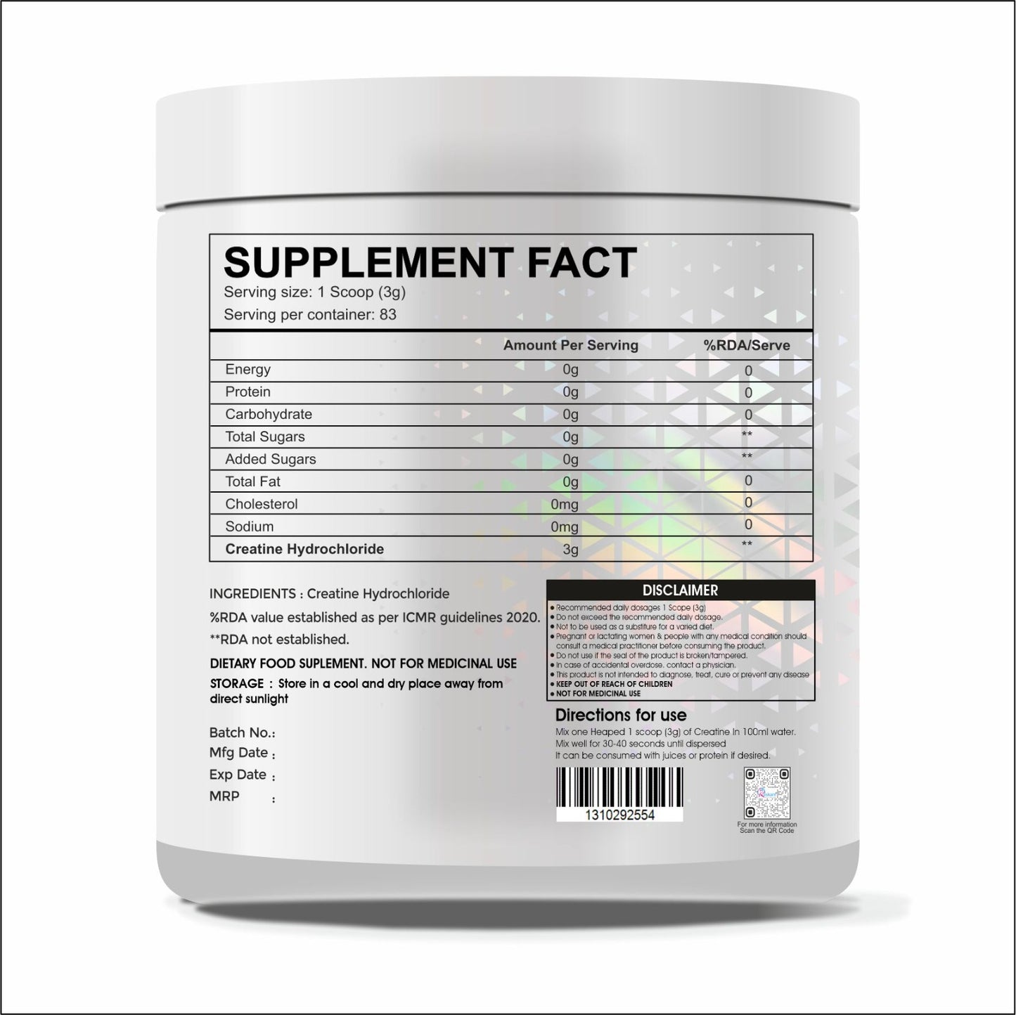Raskam Pure Creatine HCL Powder (Unflavoured, 83 Sevings) | Rapid Absorption | Enhanced Muscle Strength & Power-250gm