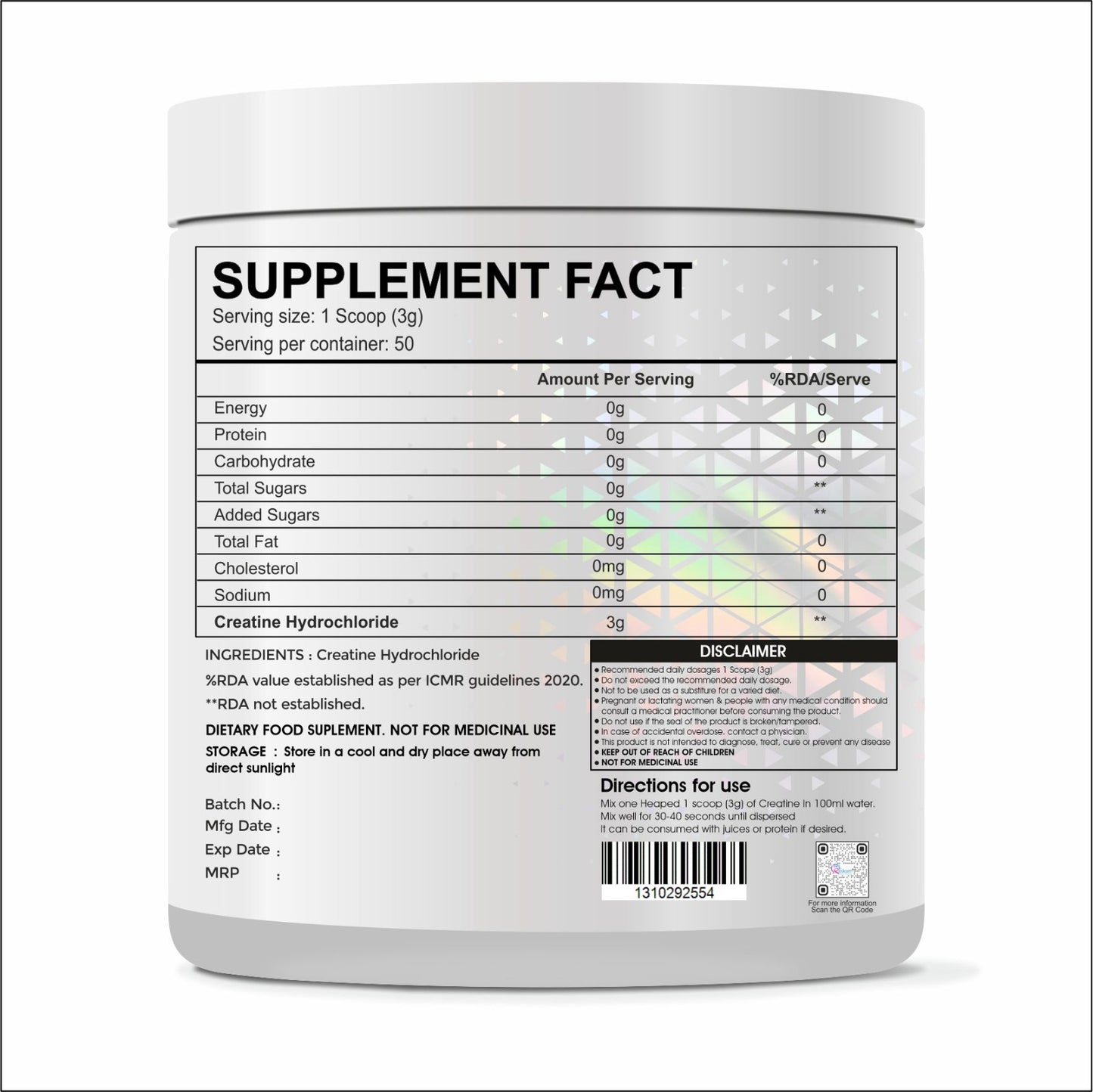Raskam Pure Creatine HCL Powder (Unflavoured, 50 Sevings) | Rapid Absorption | Enhanced Muscle Strength & Power-150gm