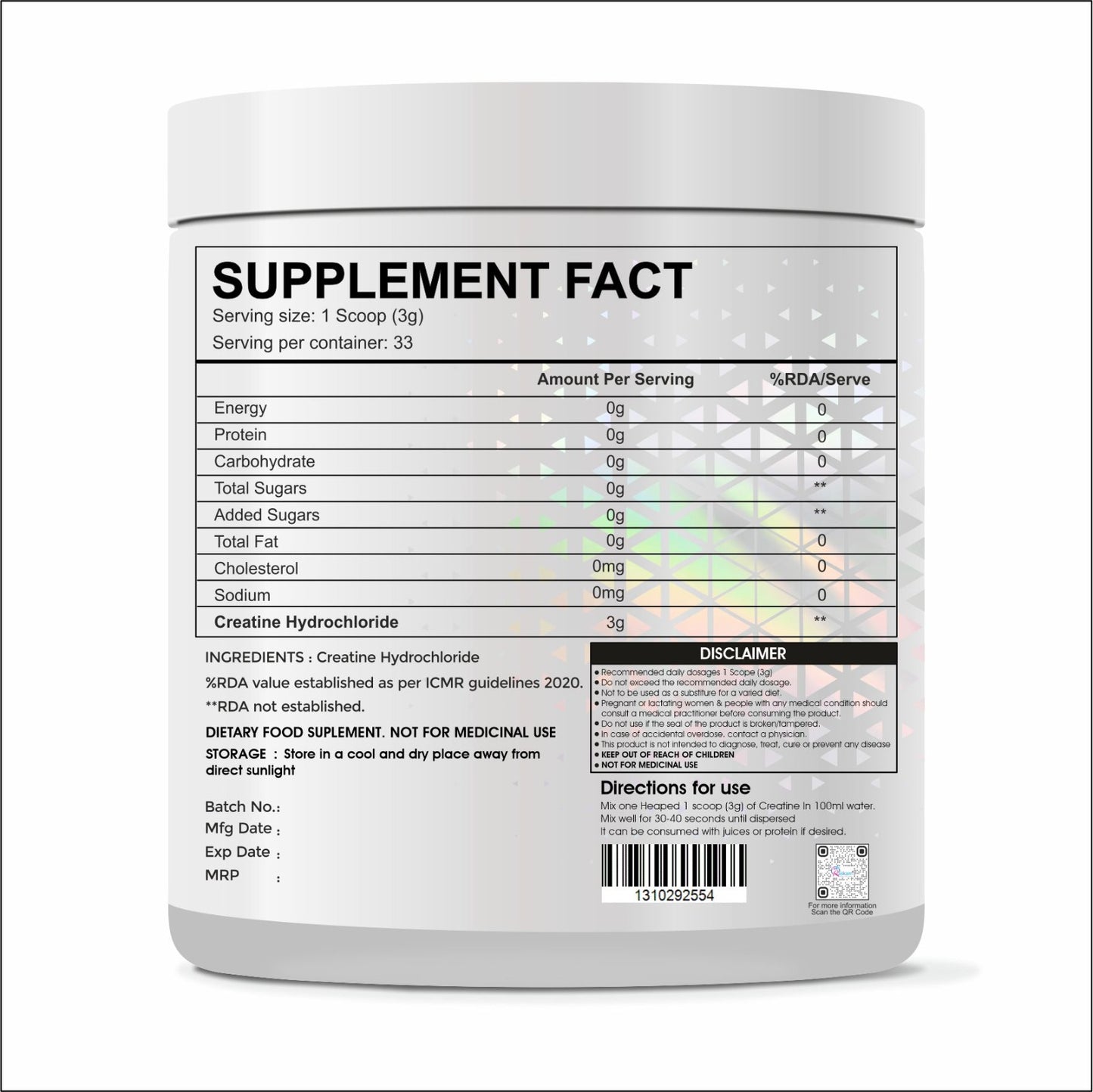 Raskam Pure Creatine HCL Powder (Unflavoured, 33 Sevings) | Rapid Absorption | Enhanced Muscle Strength & Power-100gm
