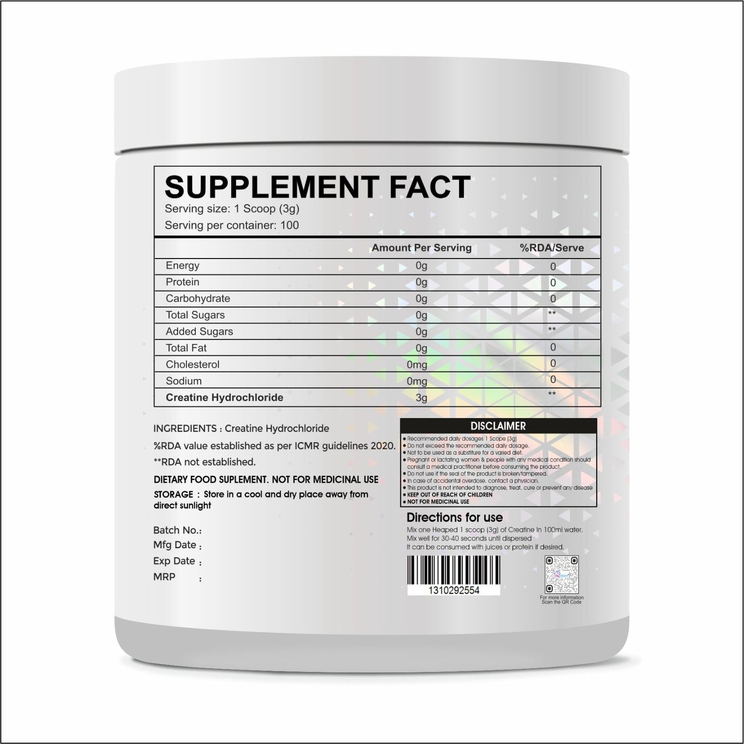 Raskam Pure Creatine HCL Powder (Unflavoured, 100 Sevings) | Rapid Absorption | Enhanced Muscle Strength & Power-300gm
