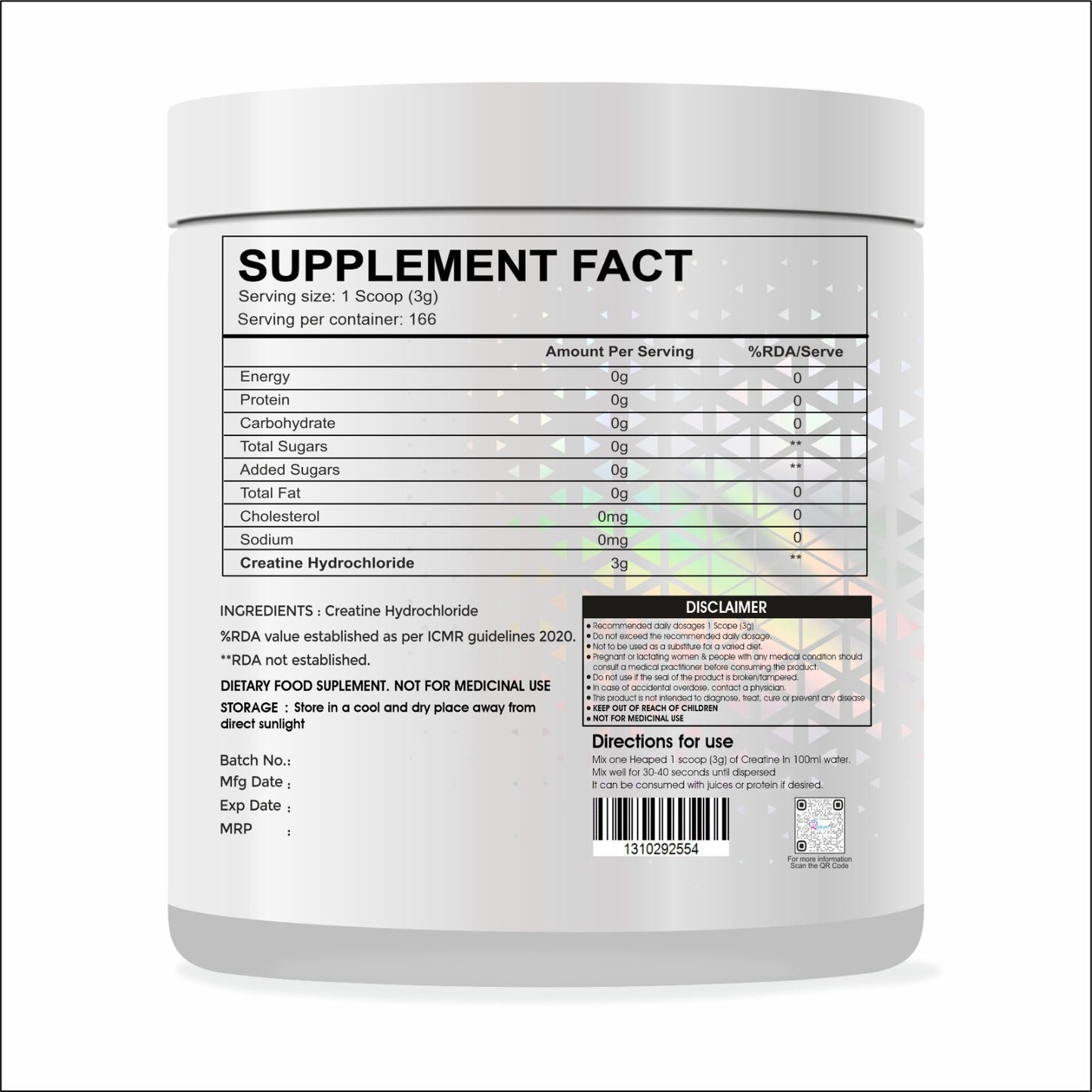 Raskam Pure Creatine HCL Powder (Unflavoured, 166 Sevings) | Rapid Absorption | Enhanced Muscle Strength & Power-500gm