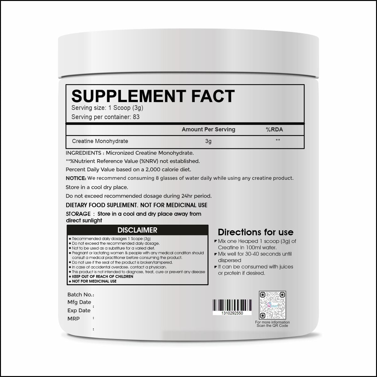 Raskam Creatine Monohydrate powder for Muscle Building & Performance - 83 Servings (Unflavoured, 250gm)