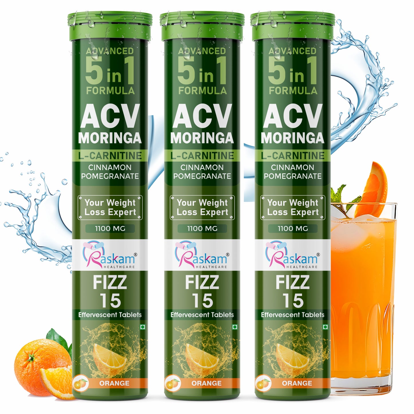 Raskam ACV Moringa 5 in 1 formula Effervescent Tablets Helps To Turn Fat Into Energy | With Carnitine, Pomegranate & Cinnamon | Supports Fat Burn | Weight Loss Drink for Women, Men | No Added Sugar | Orange Flavor | 15 Fizz Tablets (1100mg)