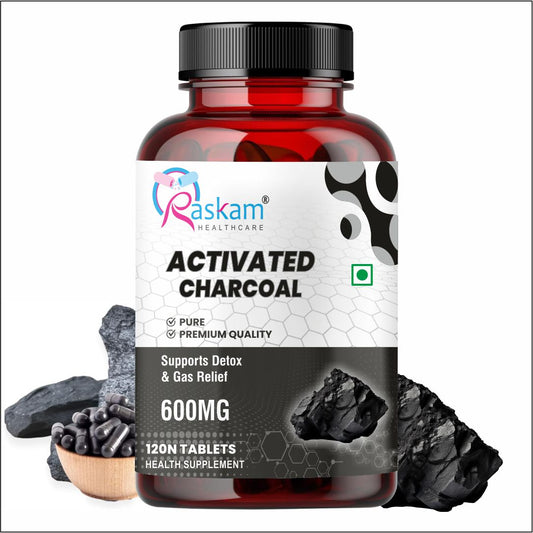 Raskam Activated Charcoal 600mg – natural detox & digestive cleanser | supports bloating relief & gas | 120 vegan tablets