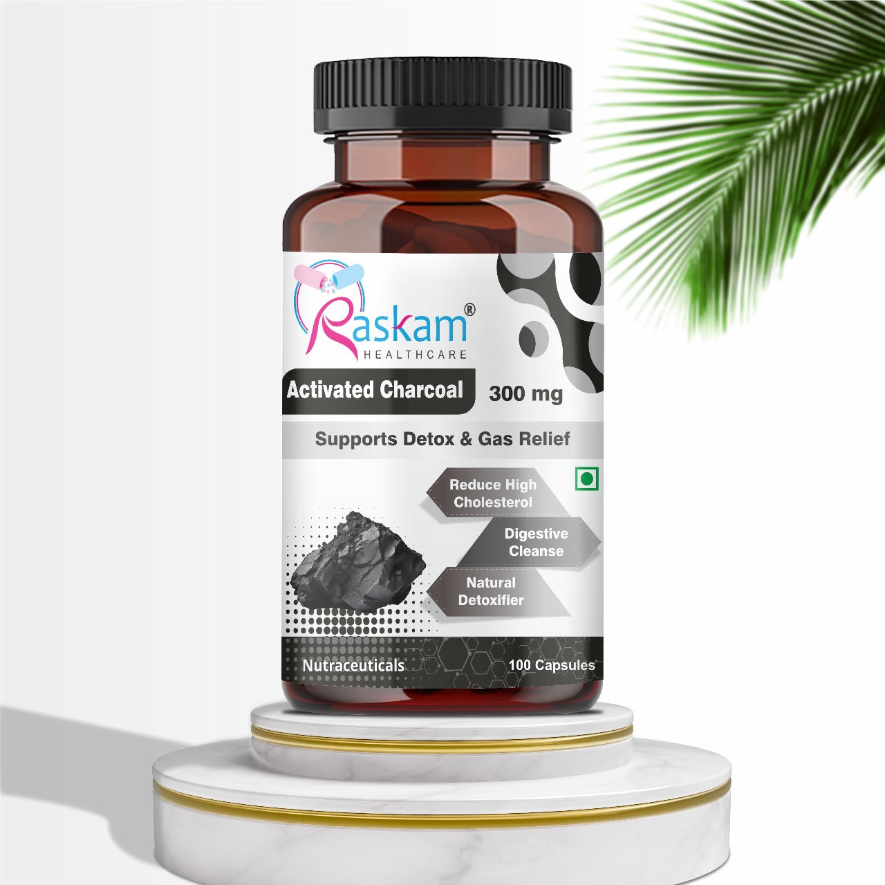 Raskam Activated Charcoal with Apple Cider Vinegar | Helps in Digestion, Bloating, Liver & Kidney Detox | 100 Veg Capsules