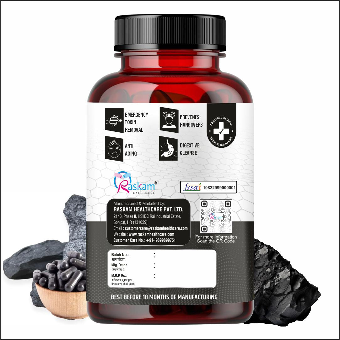 Raskam Activated Charcoal 600mg – natural detox & digestive cleanser | supports bloating relief & gas | 120 vegan tablets