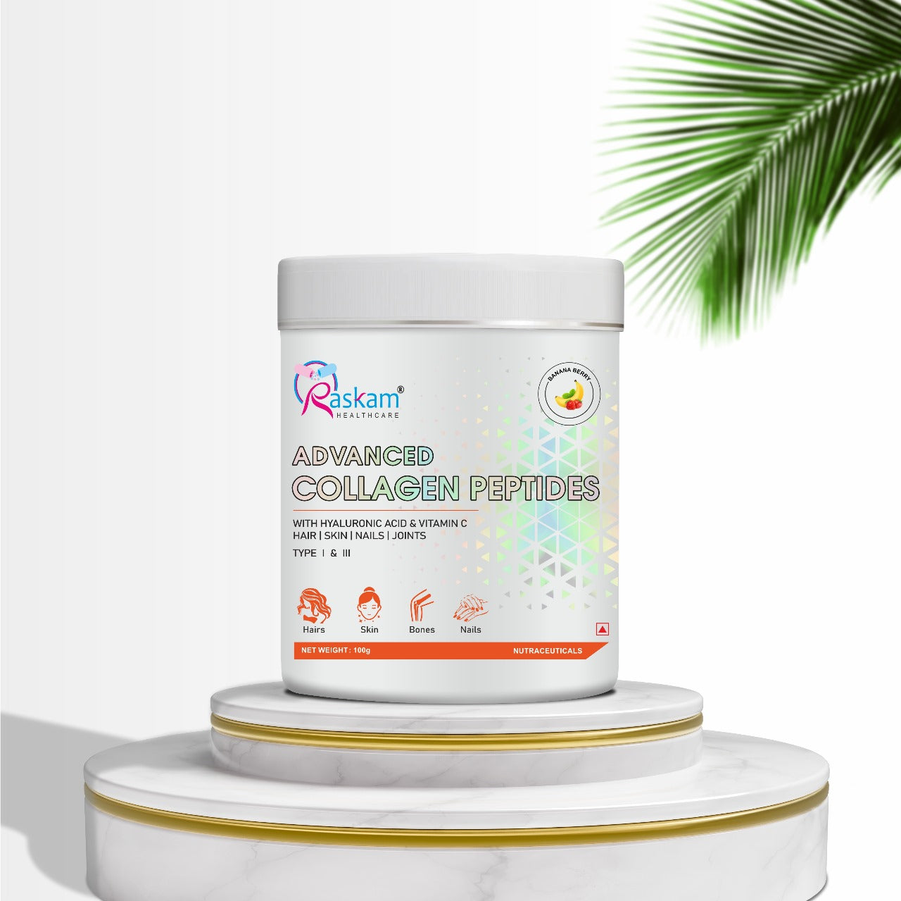 Raskam Advanced Collagen Peptides Powder for Men & Women | Collagen Powder with Biotin, Vitamins C & E for Hair, Nails, Skin Radiance & Anti-Aging Flav- Banana Berry (100gm , 265 gm)