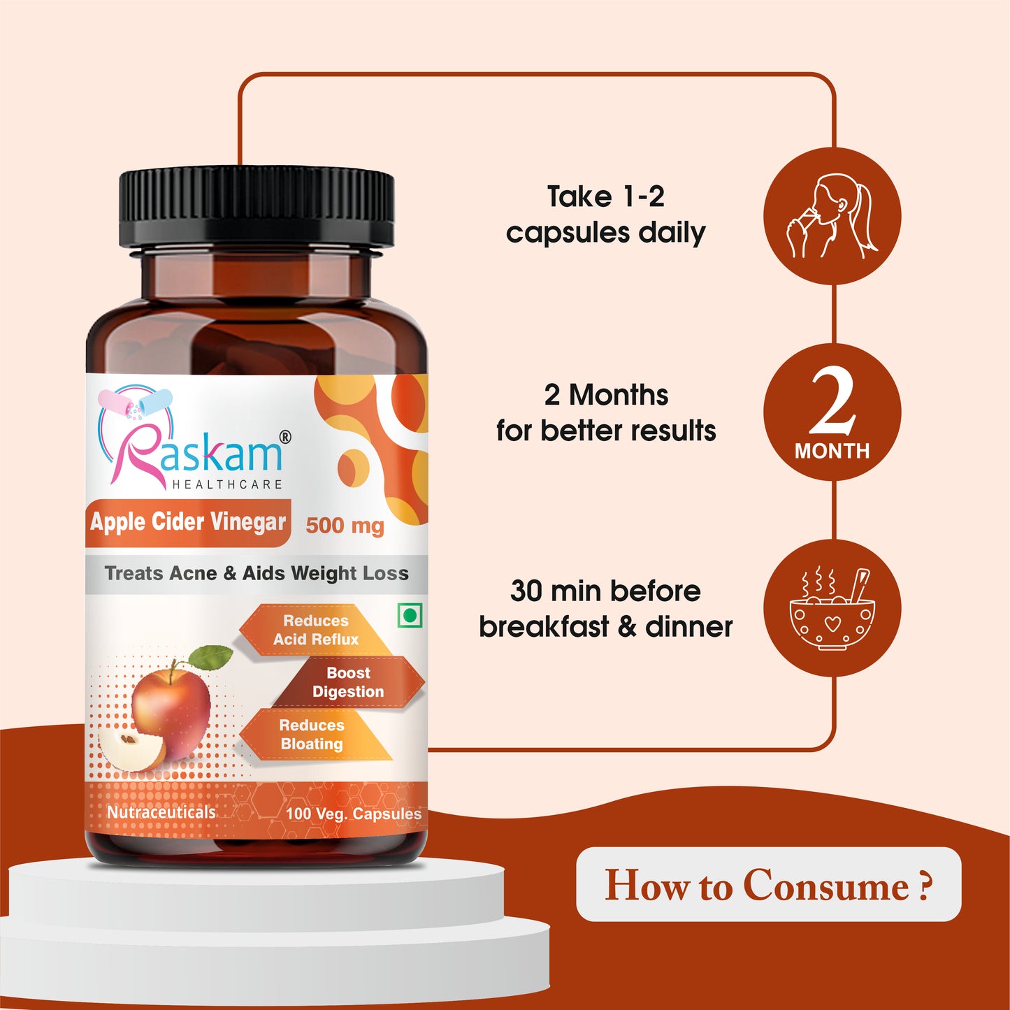 Raskam Apple Cider Vinegar- 100 Capsules- Easy Digestion & Weight Management