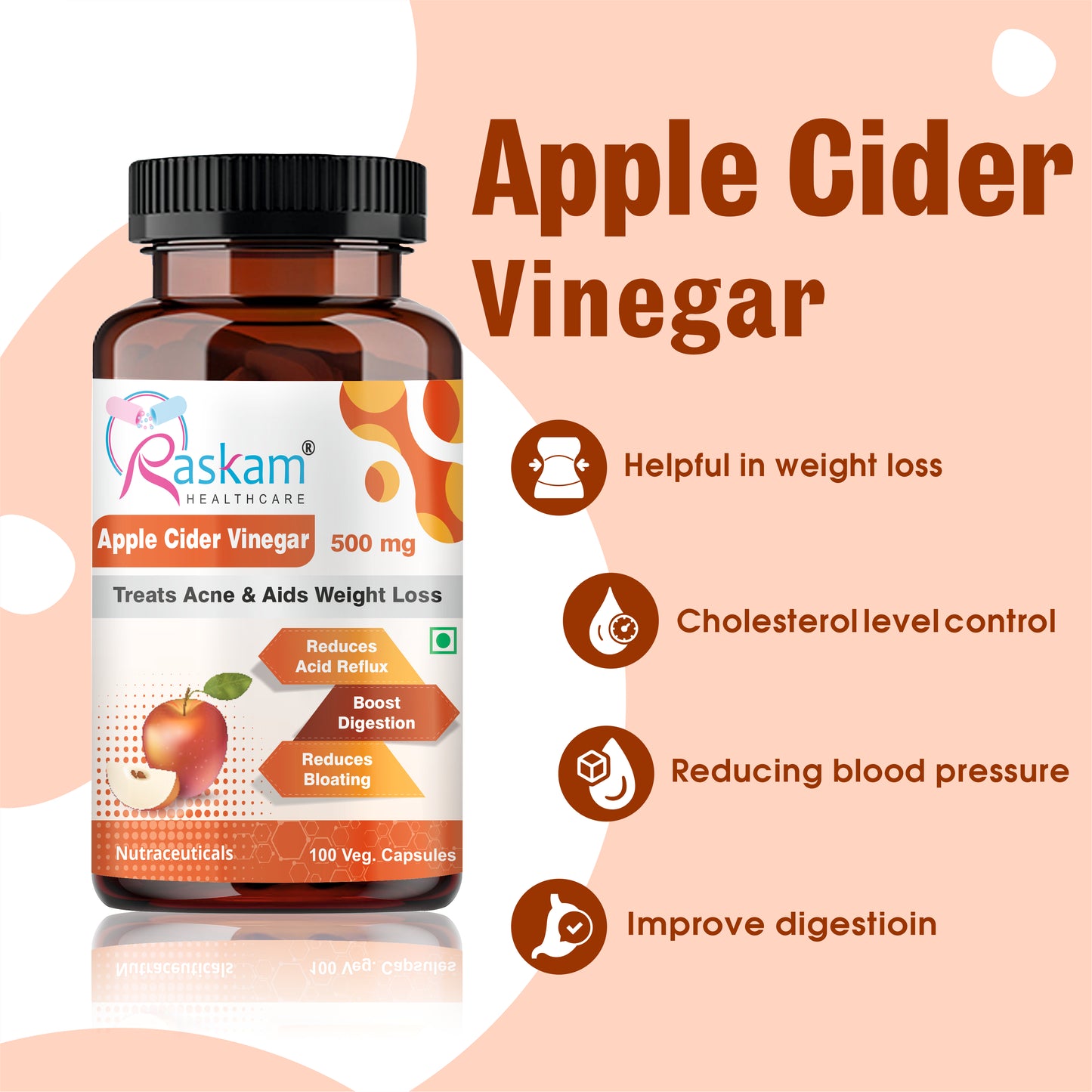 Raskam Apple Cider Vinegar- 100 Capsules- Easy Digestion & Weight Management