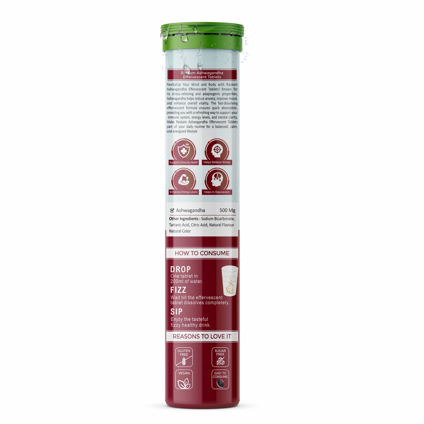 Raskam Ashwagandha Effervescent Tablets | Helps Relieve Stress & Anxiety, Mood Lifter, Immunity Booster - Elevate Your Wellness