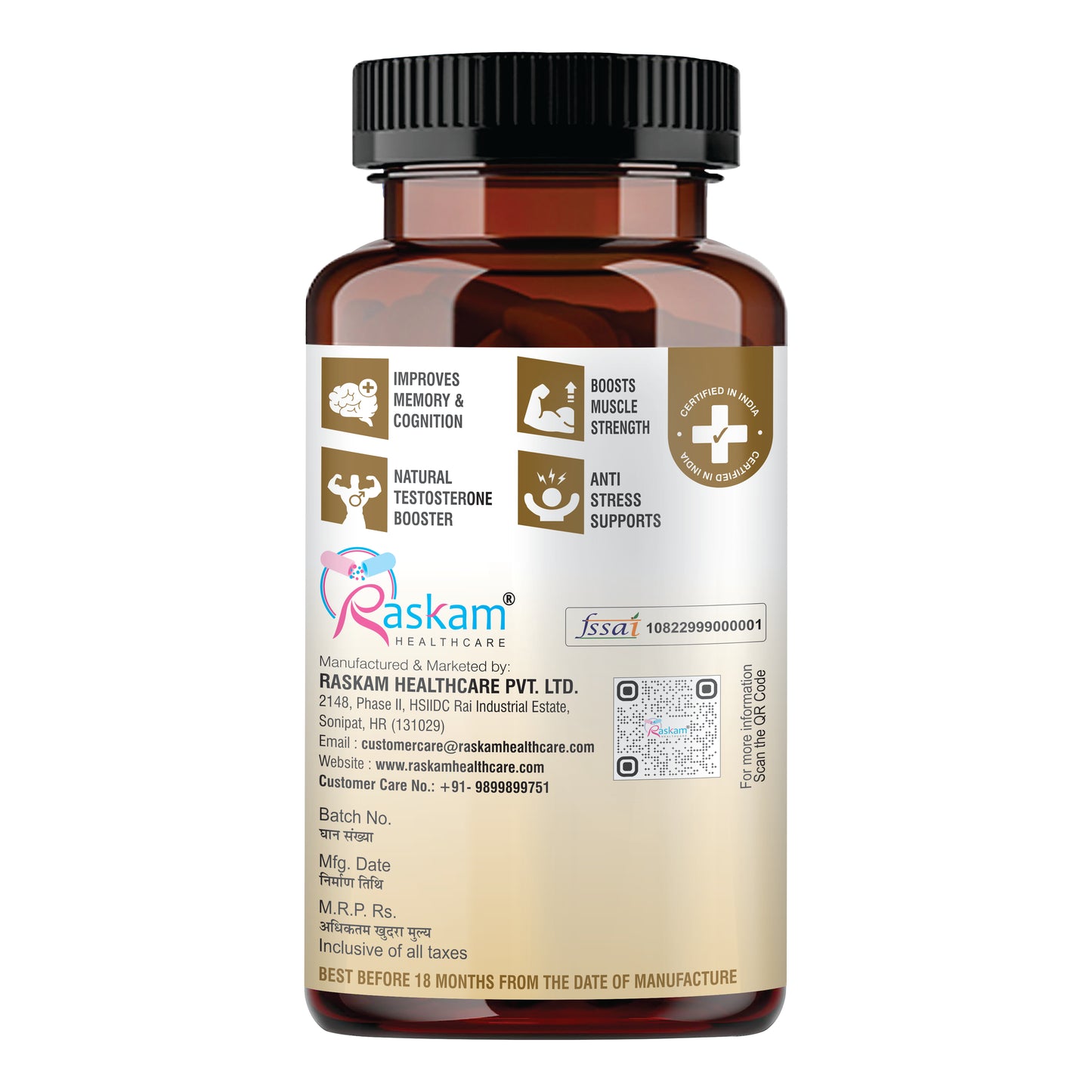 Raskam Ashwagandha - 60 Veg Capsules Boost Energy, Strength, Stamina | Helps Anxiety & Stress Relief For Men & Women
