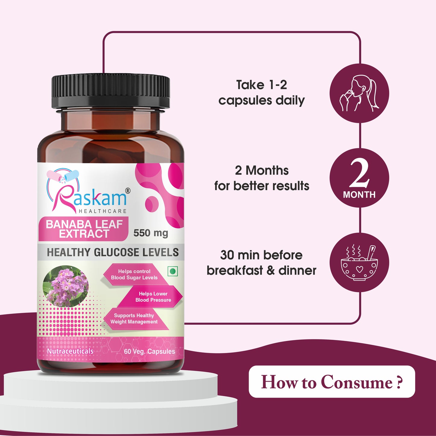 Raskam Banaba Leaf Extract 60- Veg Capsules (Non-GMO & Gluten Free) - Supports Healthy Blood Sugar Levels