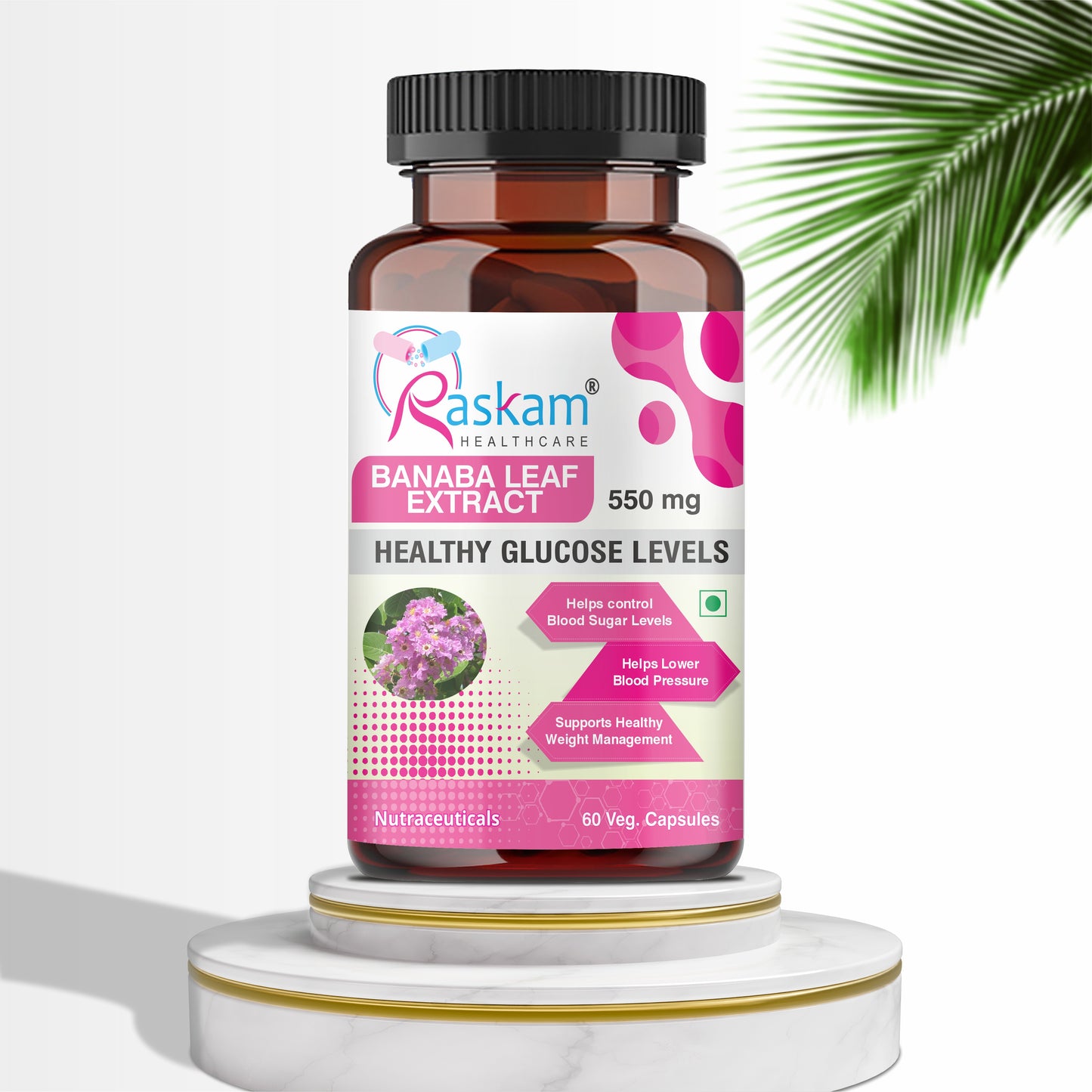 Raskam Banaba Leaf Extract 60- Veg Capsules (Non-GMO & Gluten Free) - Supports Healthy Blood Sugar Levels