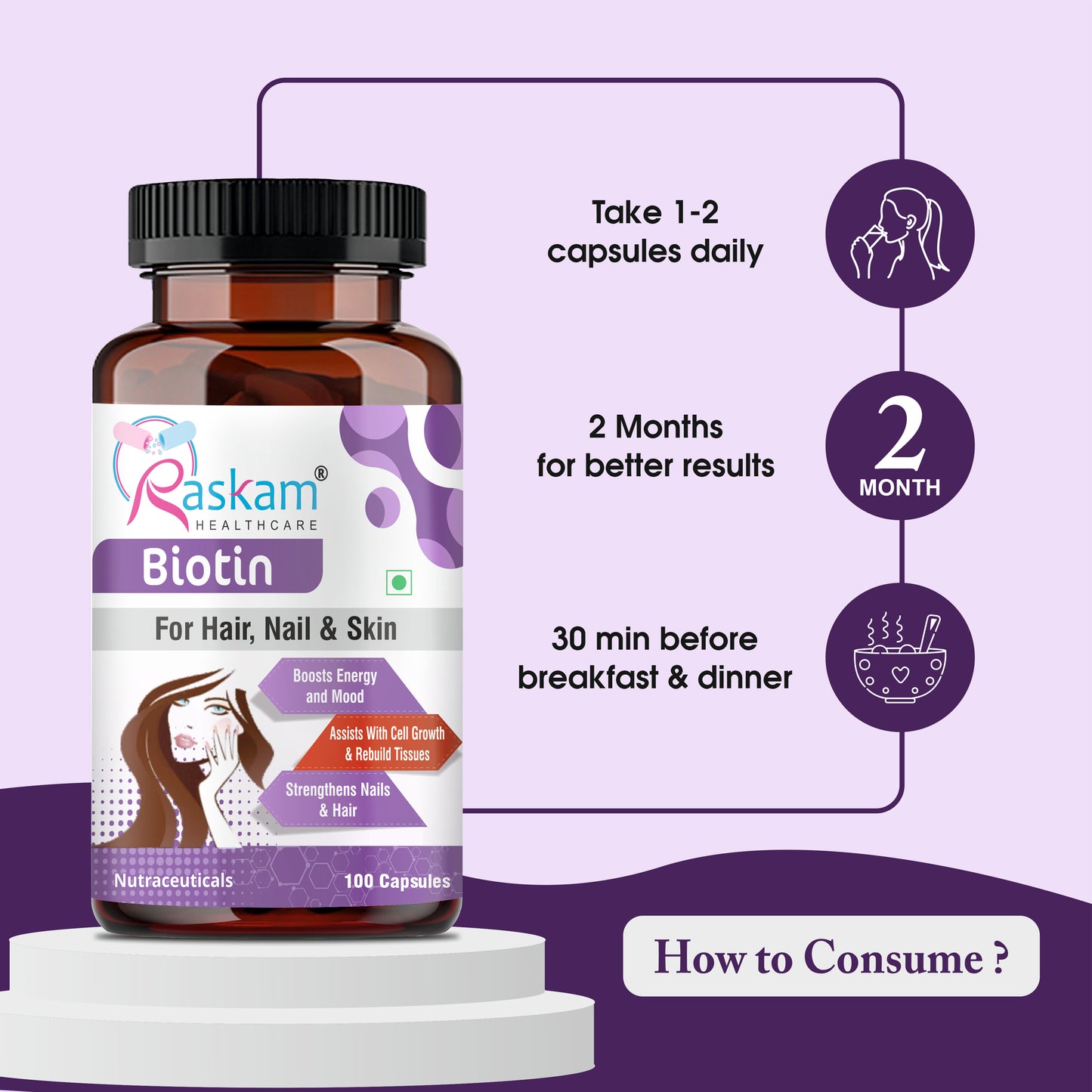 Raskam Biotin - 100 Veg Capsules - Hair Growth, Strong Hair and Glowing Skin, Fights Nail Brittleness