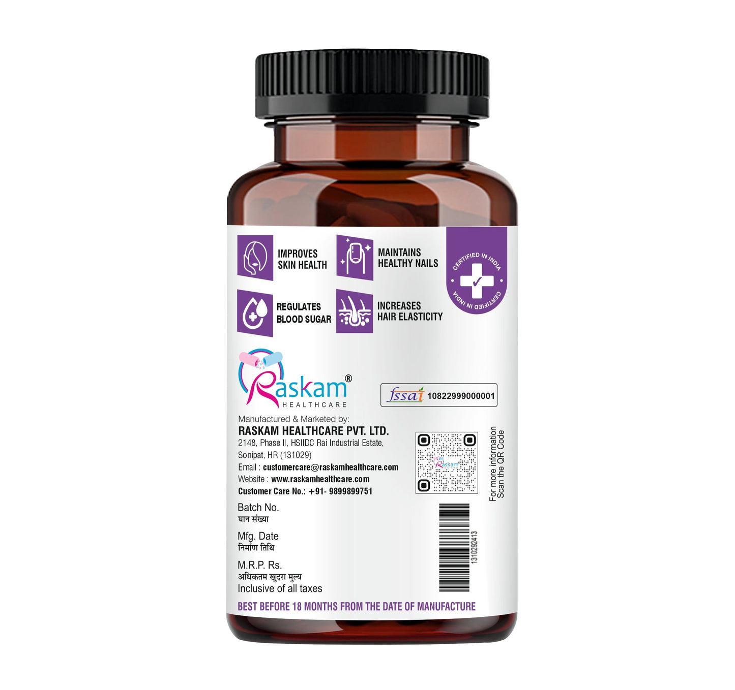 Raskam Biotin - 100 Veg Capsules - Hair Growth, Strong Hair and Glowing Skin, Fights Nail Brittleness