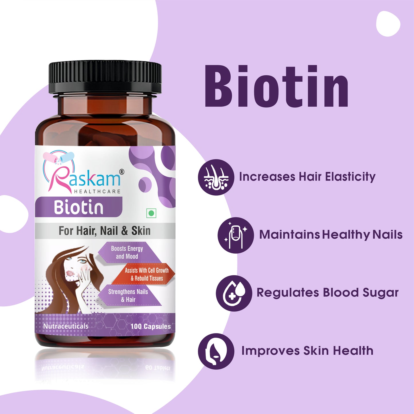 Raskam Biotin - 100 Veg Capsules - Hair Growth, Strong Hair and Glowing Skin, Fights Nail Brittleness