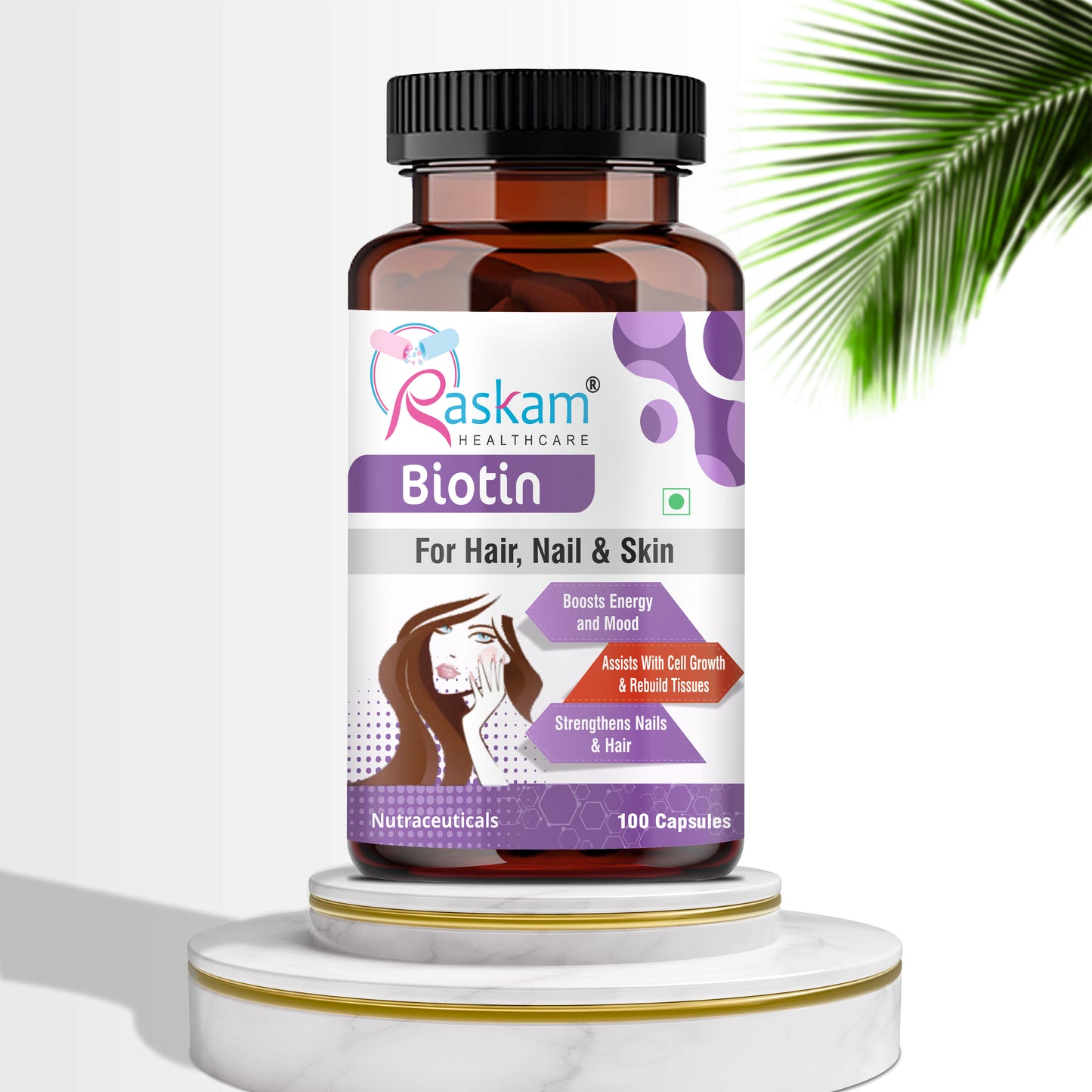 Raskam Biotin - 100 Veg Capsules - Hair Growth, Strong Hair and Glowing Skin, Fights Nail Brittleness