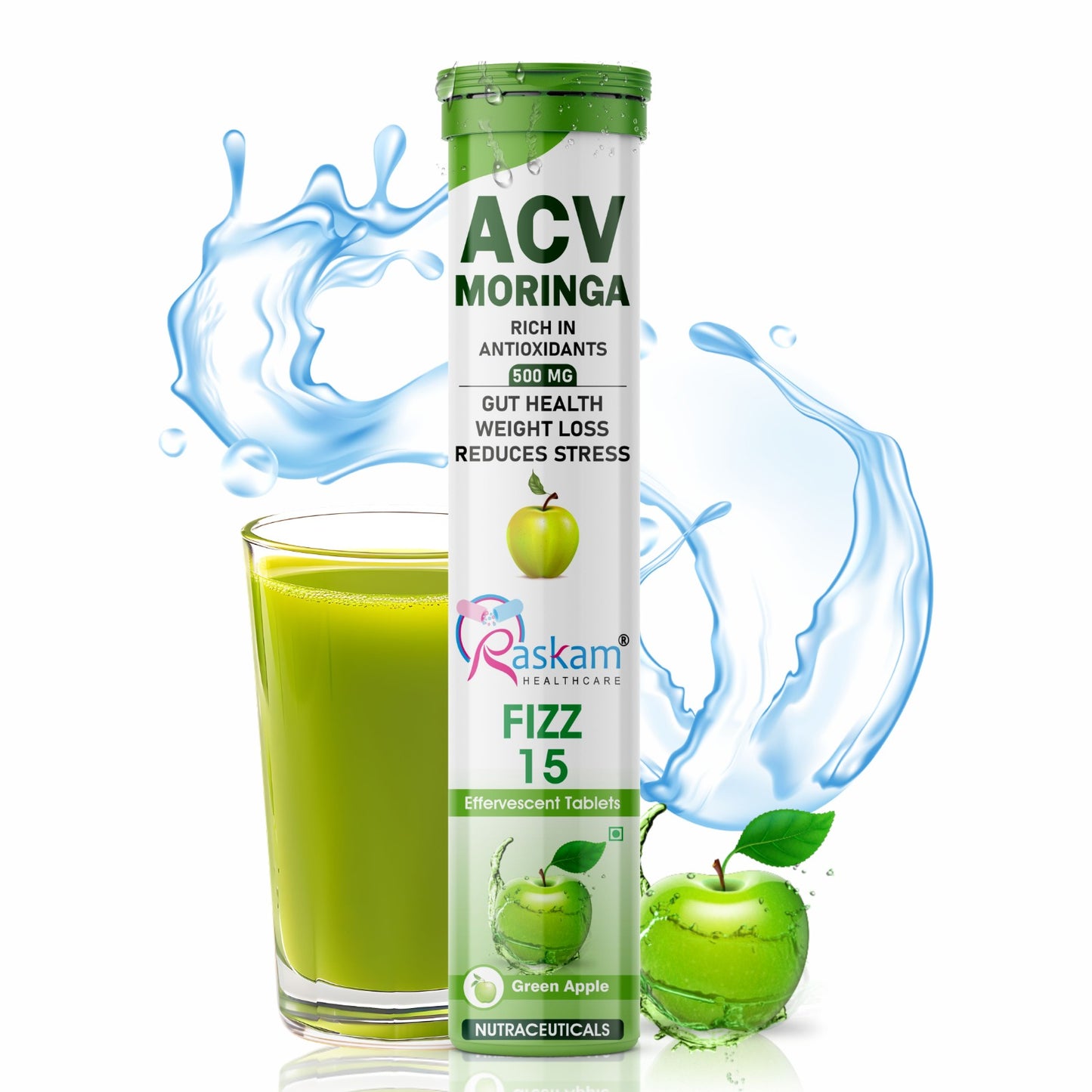 Raskam Apple Cider Vinegar (ACV) Moringa | Master Your Appetite & Boost Immunity | Natural Energy with Antioxidants | No Added Sugar | Green Apple Flavor | 15 Fizz Tablets (500mg)