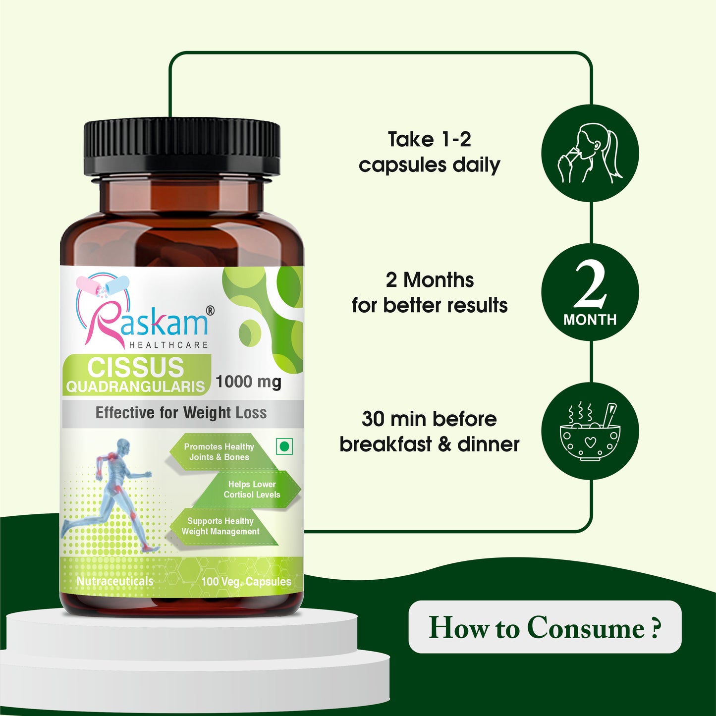 Raskam Cissus Quadrangularis Extract 1000mg - 100 Veg Capsules- Bone & Joint Wellness