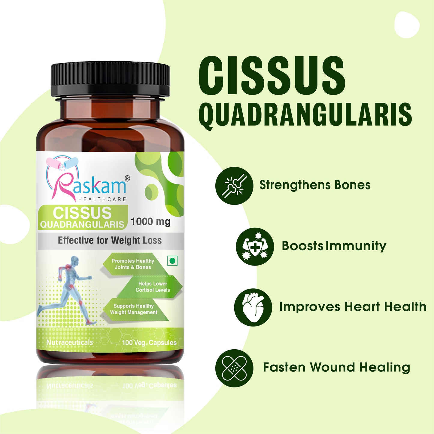 Raskam Cissus Quadrangularis Extract 1000mg - 100 Veg Capsules- Bone & Joint Wellness