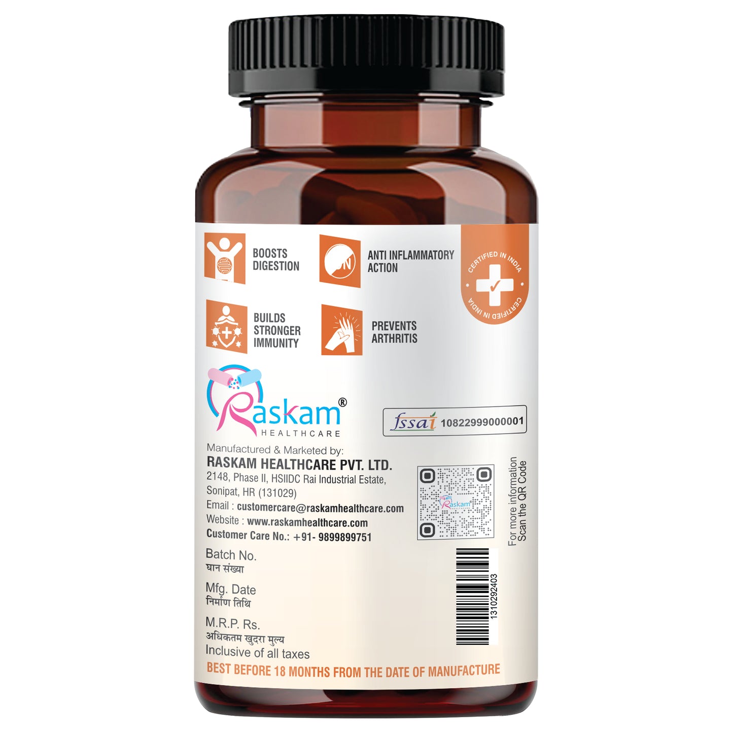 Raskam Curcumin - 100 Capsules- 95% Curcuminoids - Higher Absorption- Antioxidant & Anti-inflammatory Supplement - For Skin, Joint Support, Boosts Immune System