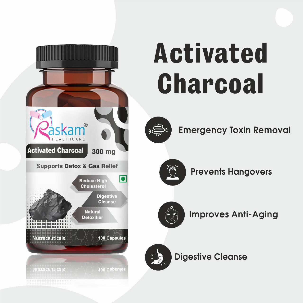 Raskam Activated Charcoal with Apple Cider Vinegar | Helps in Digestion, Bloating, Liver & Kidney Detox | 100 Veg Capsules