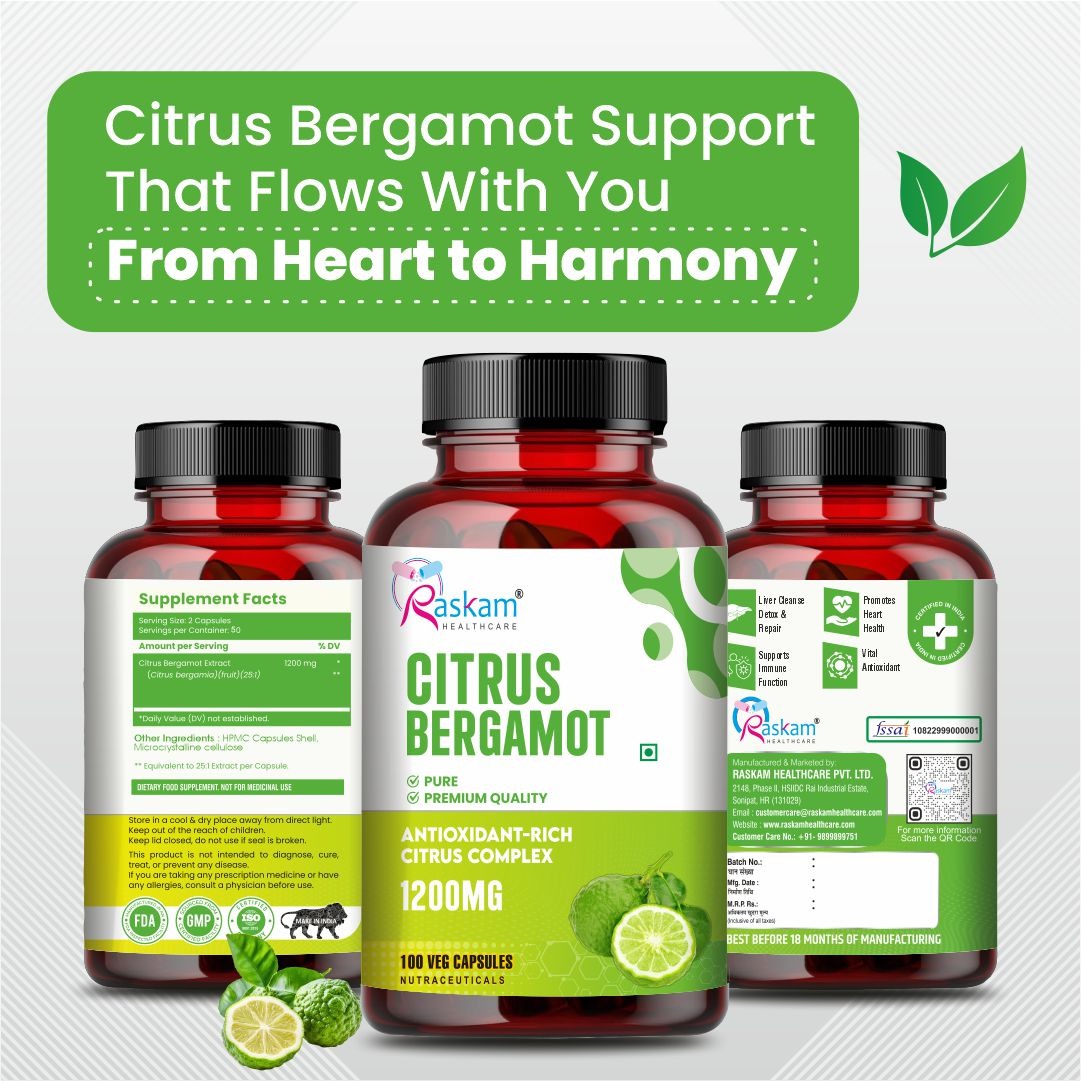 Raskam Citrus Bergamot 1200mg Supplement, 100 Veg Capsules, Antioxidant-Rich Complex for Heart Health and Immune Support