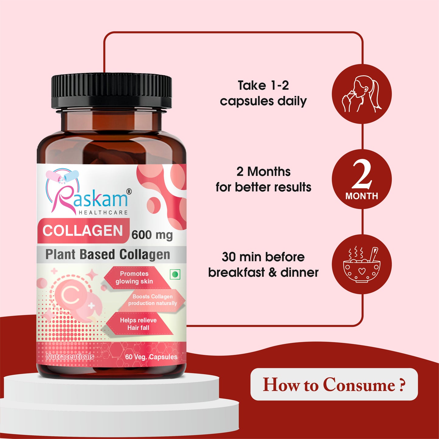 Raskam Plant Blased Collagen-60 capsules Supports Natural Collagen Formation & Skin Regeneration