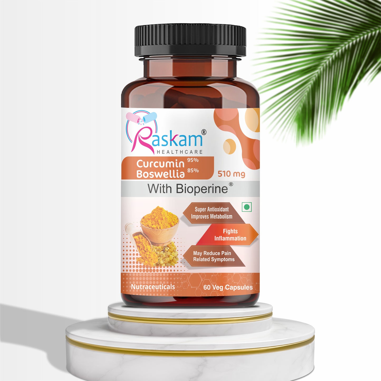 Raskam Curcumin Boswellia with Bioperine - 60 Veg Capsules For Bone and Joint Wellness