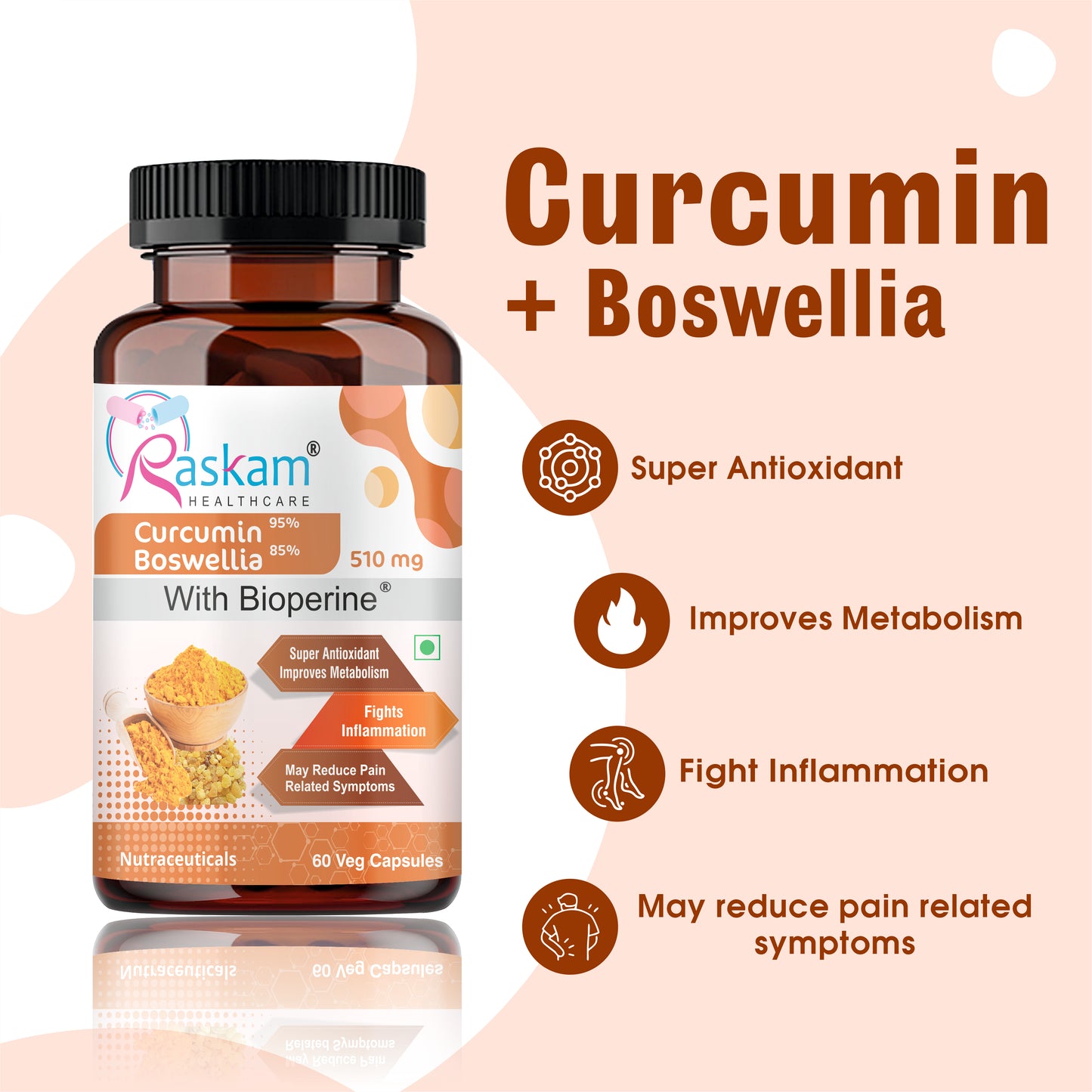 Raskam Curcumin Boswellia with Bioperine - 60 Veg Capsules For Bone and Joint Wellness