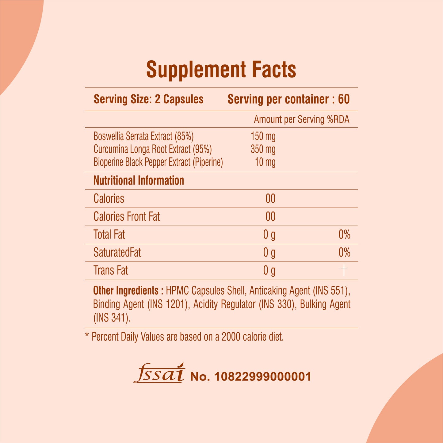Raskam Curcumin Boswellia with Bioperine - 60 Veg Capsules For Bone and Joint Wellness
