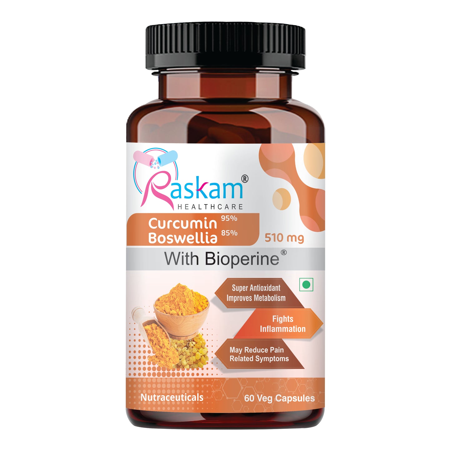 Raskam Curcumin Boswellia with Bioperine - 60 Veg Capsules For Bone and Joint Wellness