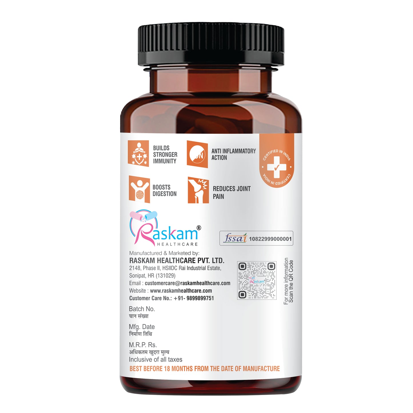 Raskam Curcumin Boswellia with Bioperine - 60 Veg Capsules For Bone and Joint Wellness