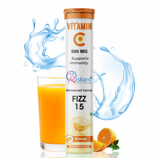 Raskam Vitamin C Effervescent Tablets with Zinc + Vitamin D3 | Natural and Organic Immunity Booster | Refreshing Orange Flavor | 500mg Vitamin C (Pack of 15 Effervescent Tablets)