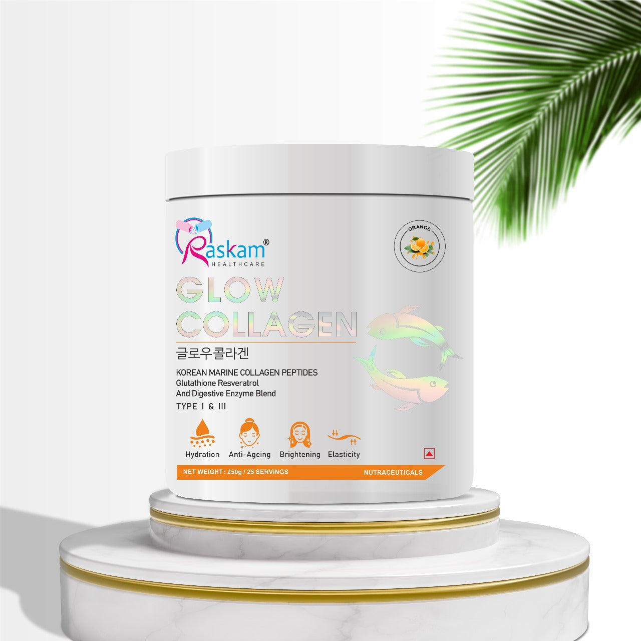 Raskam Glow Collagen Peptides Powder for Men & Women | Collagen Powder with Biotin, Vitamins C & E for Hair, Nails, Skin Radiance & Anti-Aging Flav- Orange (100gm , 250 gm)