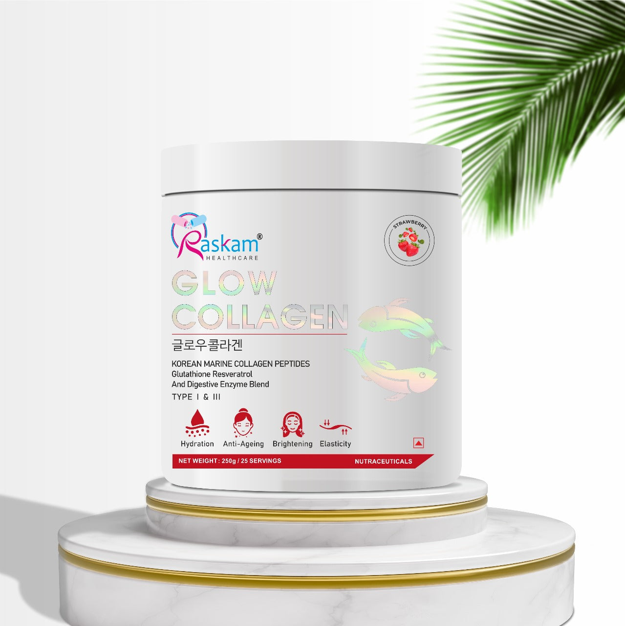Raskam Glow Collagen Peptides Powder for Men & Women | Collagen Powder with Biotin, Vitamins C & E for Hair, Nails, Skin Radiance & Anti-Aging Flav- Strawberry (100gm , 250 gm)