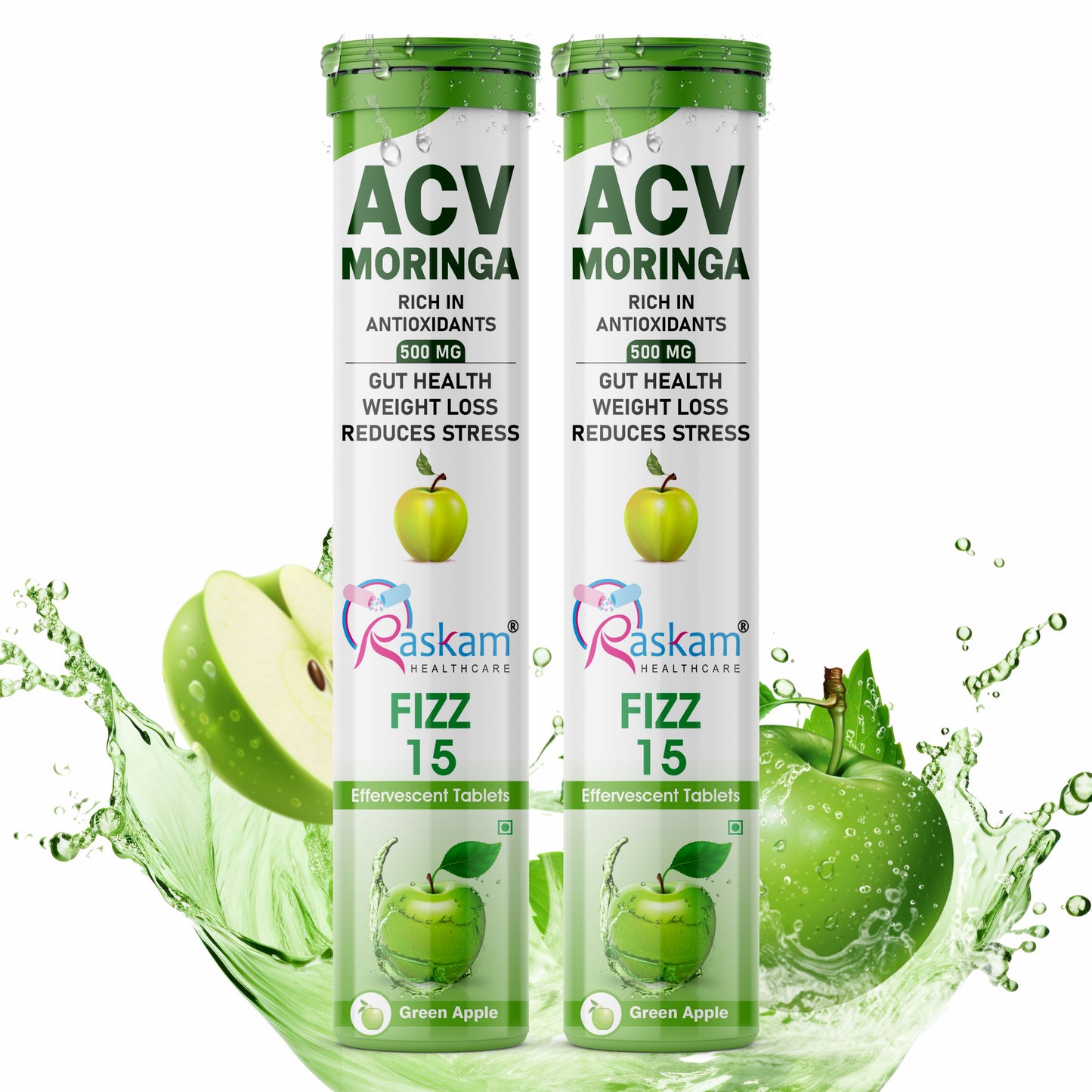 Raskam Apple Cider Vinegar (ACV) Moringa | Master Your Appetite & Boost Immunity | Natural Energy with Antioxidants | No Added Sugar | Green Apple Flavor | 15 Fizz Tablets (500mg)