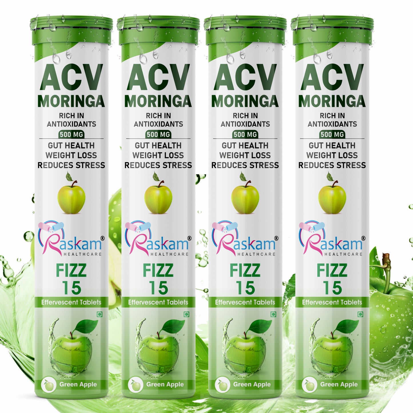Raskam Apple Cider Vinegar (ACV) Moringa | Master Your Appetite & Boost Immunity | Natural Energy with Antioxidants | No Added Sugar | Green Apple Flavor | 15 Fizz Tablets (500mg)