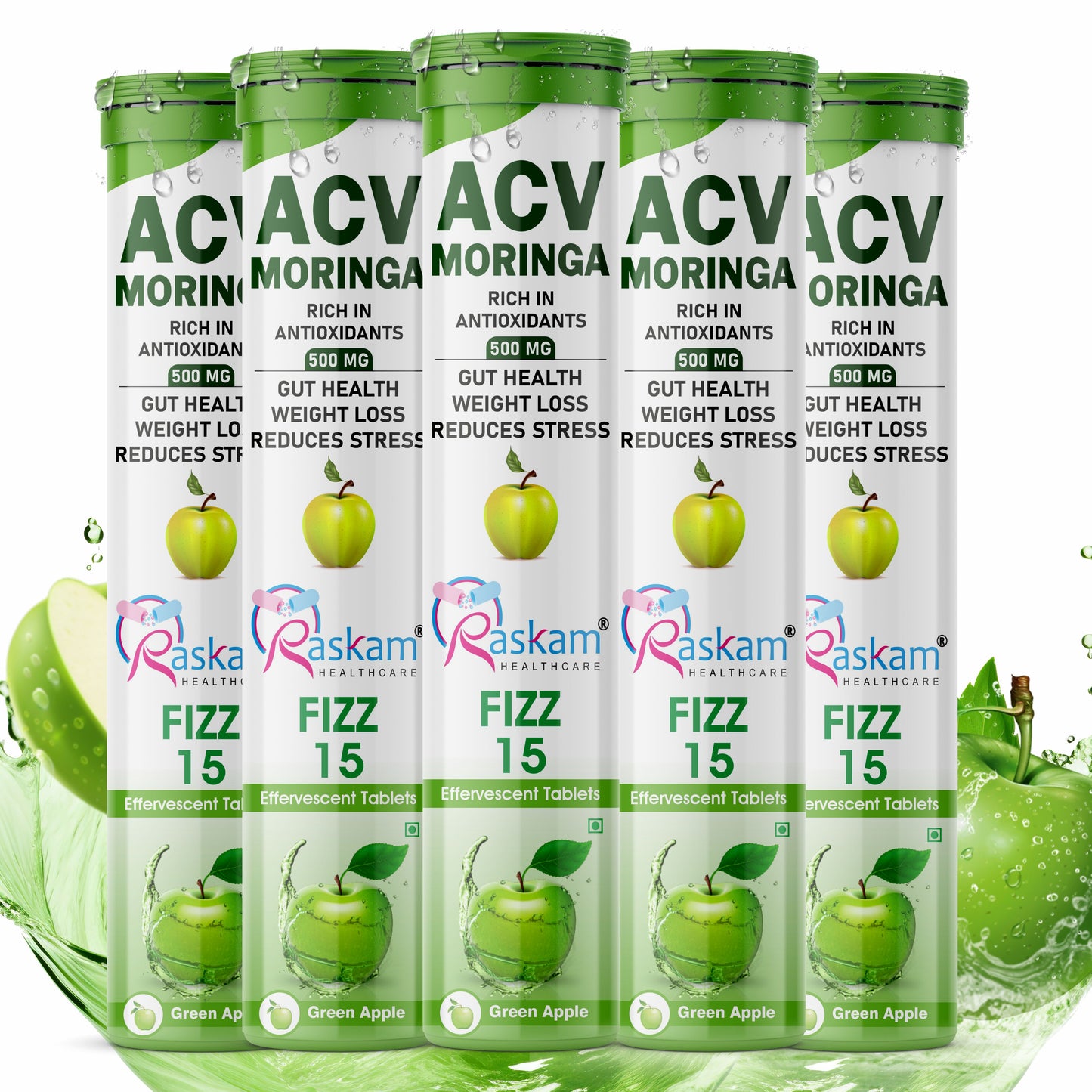 Raskam Apple Cider Vinegar (ACV) Moringa | Master Your Appetite & Boost Immunity | Natural Energy with Antioxidants | No Added Sugar | Green Apple Flavor | 15 Fizz Tablets (500mg)