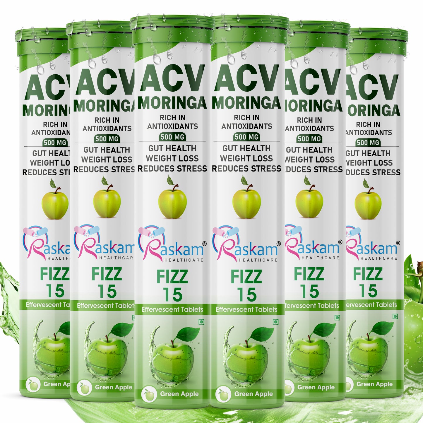 Raskam Apple Cider Vinegar (ACV) Moringa | Master Your Appetite & Boost Immunity | Natural Energy with Antioxidants | No Added Sugar | Green Apple Flavor | 15 Fizz Tablets (500mg)