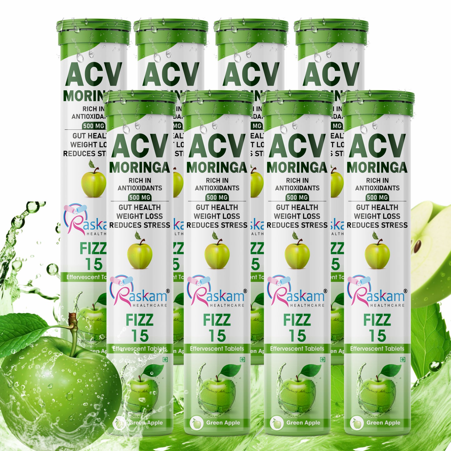 Raskam Apple Cider Vinegar (ACV) Moringa | Master Your Appetite & Boost Immunity | Natural Energy with Antioxidants | No Added Sugar | Green Apple Flavor | 15 Fizz Tablets (500mg)
