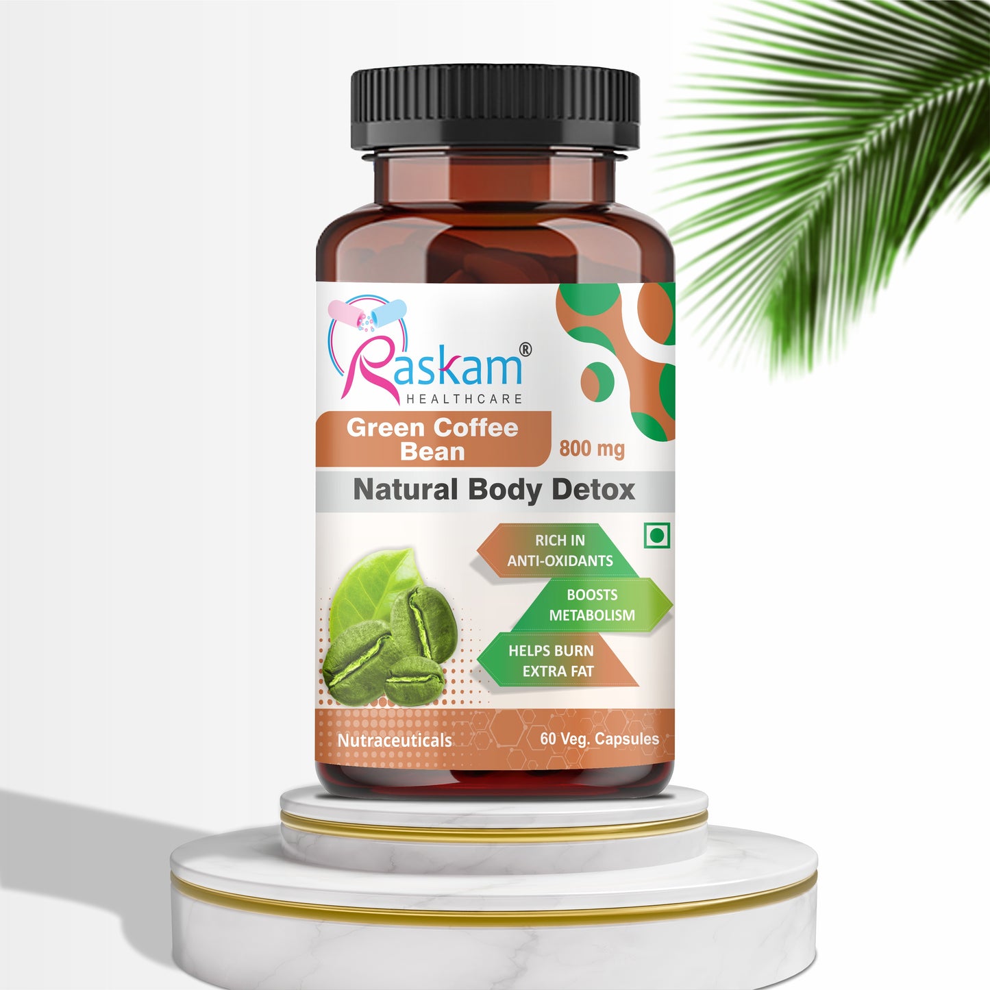 Raskam Green Coffee Bean 800 mg -60 Capsules with 50% CGA- Burns Extra Fat & Boosts Metabolism