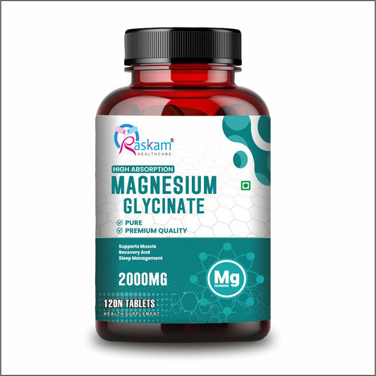 Raskam Magnesium Glycinate, 2000mg per serving, 120 vegetarian tablets, supports muscle recovery, sleep and nerve health
