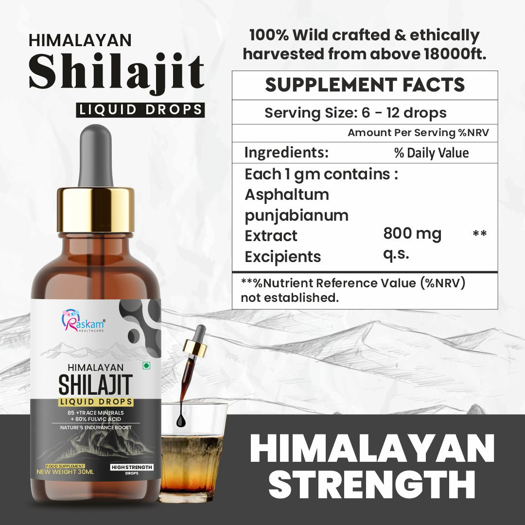 Raskam Pure Himalayan Shilajit liquid Drops - 30ml | Rich in Fulvic acid | Natural extract from Himalayas | 100% Pure Shilajit | Boosts Stamina And Energy | Boosts Stamina And Energy