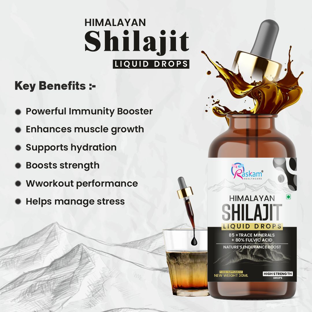 Raskam Pure Himalayan Shilajit liquid Drops - 30ml | Rich in Fulvic acid | Natural extract from Himalayas | 100% Pure Shilajit | Boosts Stamina And Energy | Boosts Stamina And Energy
